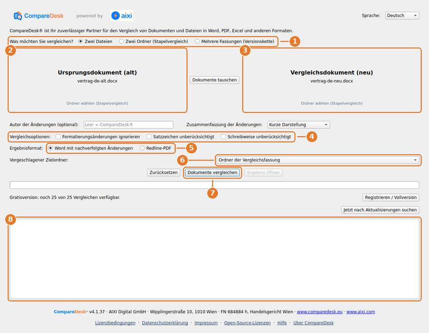 Das Hauptfenster. Die Ziffern verweisen auf die Schritte im Text.