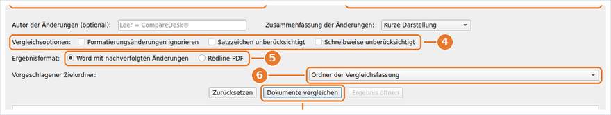 Die Wahlmöglichkeiten des Vergleichs, das Ergebnisformat, der vorgeschlagene Zielordner und die Schaltfläche, die den Lauf beginnt.