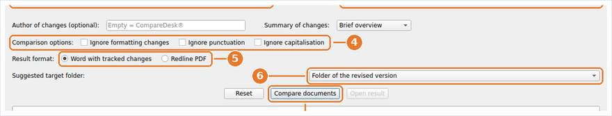 The options of the comparison, the output format, the suggested target folder and the button that starts the run.