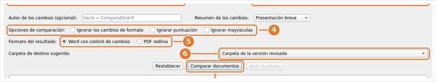 Las opciones de la comparación, el formato de salida, la carpeta de destino propuesta y el botón que inicia la ejecución.
