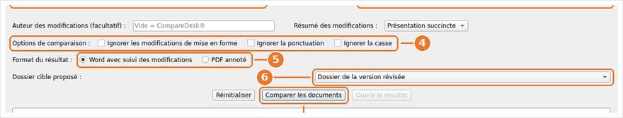 Les options de la comparaison, le format de sortie, le dossier de destination proposé et le bouton qui lance le traitement.