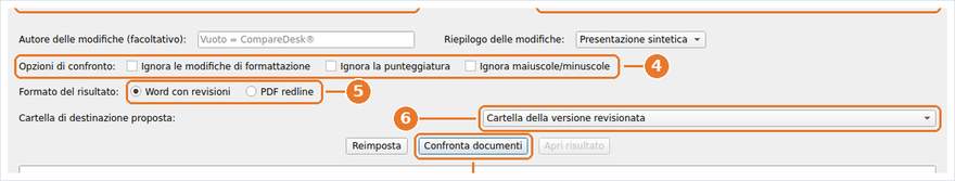 Le opzioni del confronto, il formato di uscita, la cartella di destinazione proposta e il pulsante che avvia l’esecuzione.