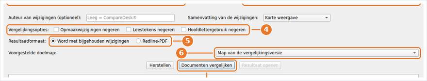 De opties van de vergelijking, de uitvoer, de voorgestelde doelmap en de knop die de verwerking start.