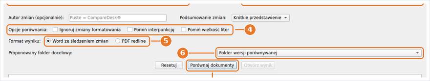 Opcje porównania, format wyniku, proponowany folder docelowy i przycisk rozpoczynający przebieg.