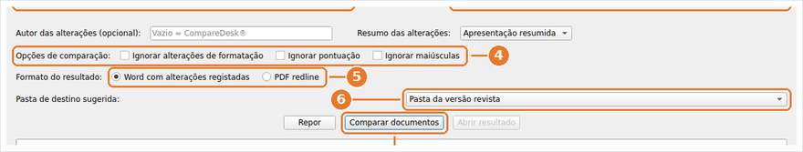 As opções da comparação, o formato de saída, a pasta de destino proposta e o botão que inicia a execução.