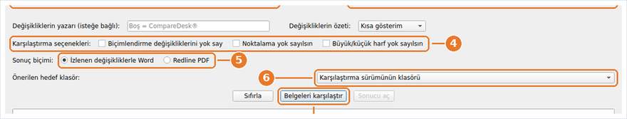 Karşılaştırmanın seçenekleri, çıktı biçimi, önerilen hedef klasör ve çalışmayı başlatan düğme.