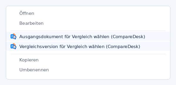 Schematische Darstellung des Kontextmenüs im Windows-Explorer mit den beiden Einträgen, die CompareDesk selbst anlegt.