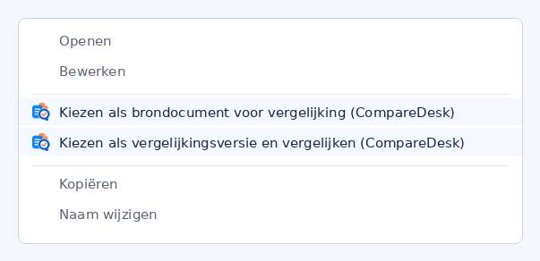 Schematische weergave van het contextmenu van de Windows Verkenner met de twee vermeldingen die CompareDesk zelf aanmaakt.