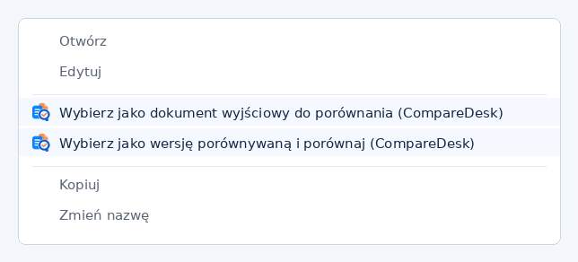 Schematyczne przedstawienie menu kontekstowego Eksploratora Windows z dwiema pozycjami, które CompareDesk wpisuje samodzielnie.