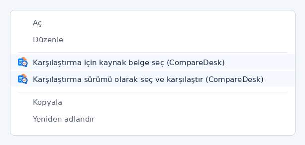 Windows Gezgini bağlam menüsünün, CompareDesk'in kendi eklediği iki girişle birlikte şematik gösterimi.