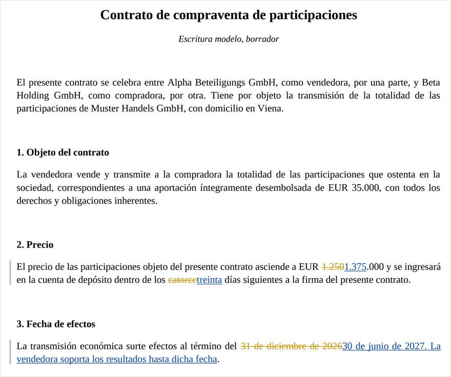 El archivo de Word con control de cambios. Las barras verticales del margen señalan las líneas modificadas.