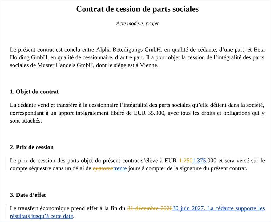 Le fichier Word avec suivi des modifications. Les barres verticales en marge signalent les lignes modifiées.