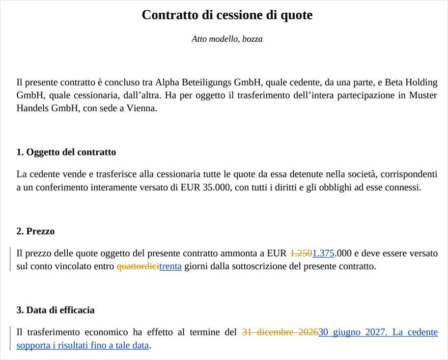 Il file Word con revisioni. Le barre verticali a margine indicano le righe modificate.
