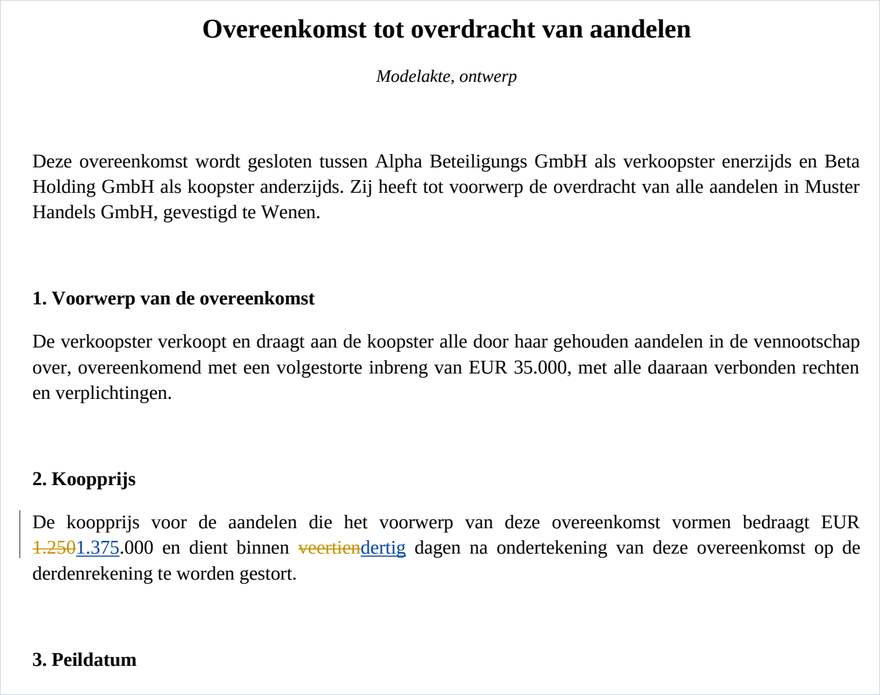 Het Word-bestand met bijgehouden wijzigingen. De verticale strepen in de marge markeren de gewijzigde regels.