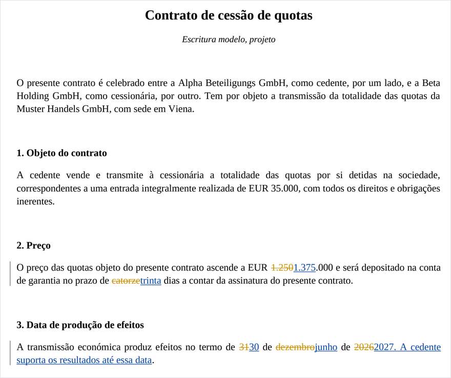 O ficheiro Word com alterações registadas. As barras verticais na margem assinalam as linhas alteradas.