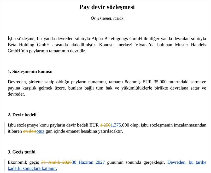 Değişiklikleri izlenen Word dosyası. Kenardaki dikey çizgiler değişen satırları gösterir.