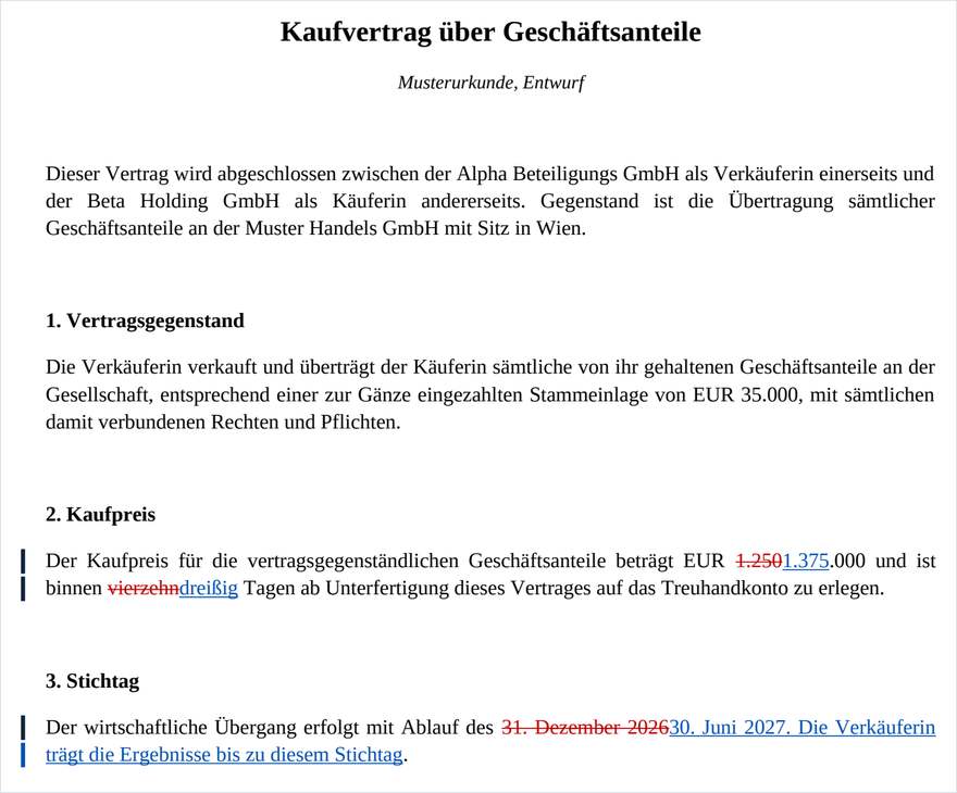 Die Redline-PDF mit blau unterstrichenen Einfügungen und rot durchgestrichenen Streichungen.
