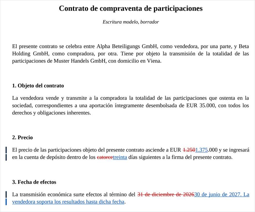 El PDF redline con inserciones subrayadas en azul y supresiones tachadas en rojo.