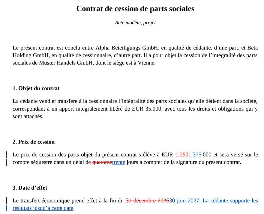 Le PDF redline, insertions soulignées en bleu et suppressions barrées en rouge.