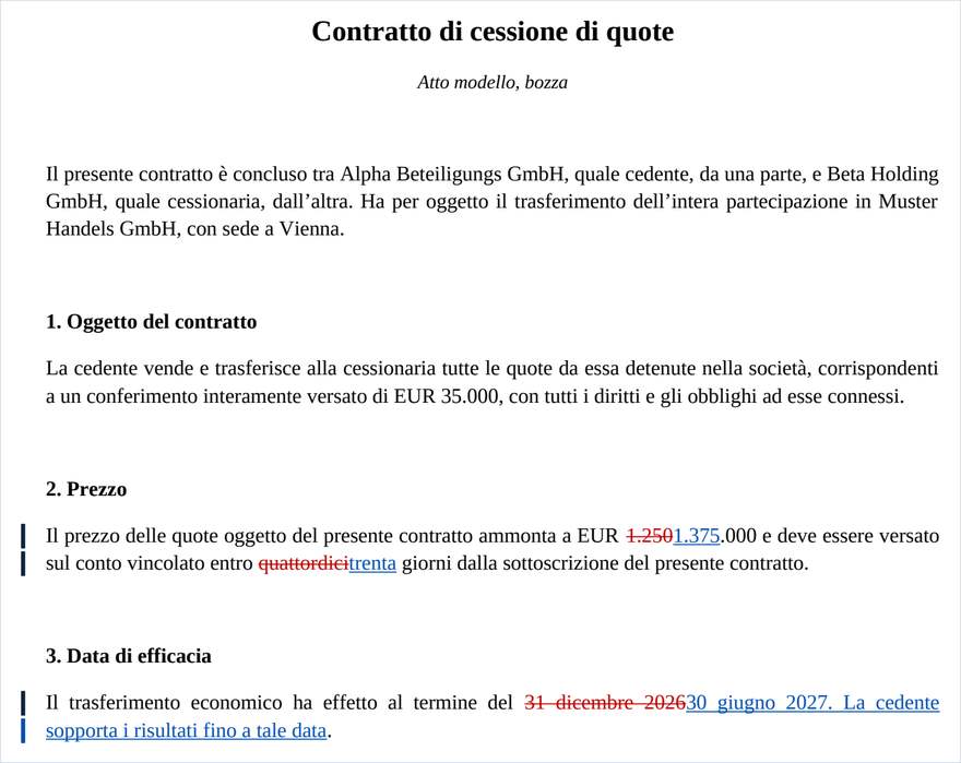 Il PDF redline con inserimenti sottolineati in blu ed eliminazioni barrate in rosso.