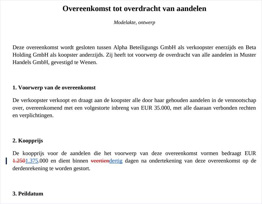 De redline-PDF met invoegingen blauw onderstreept en verwijderingen rood doorgehaald.