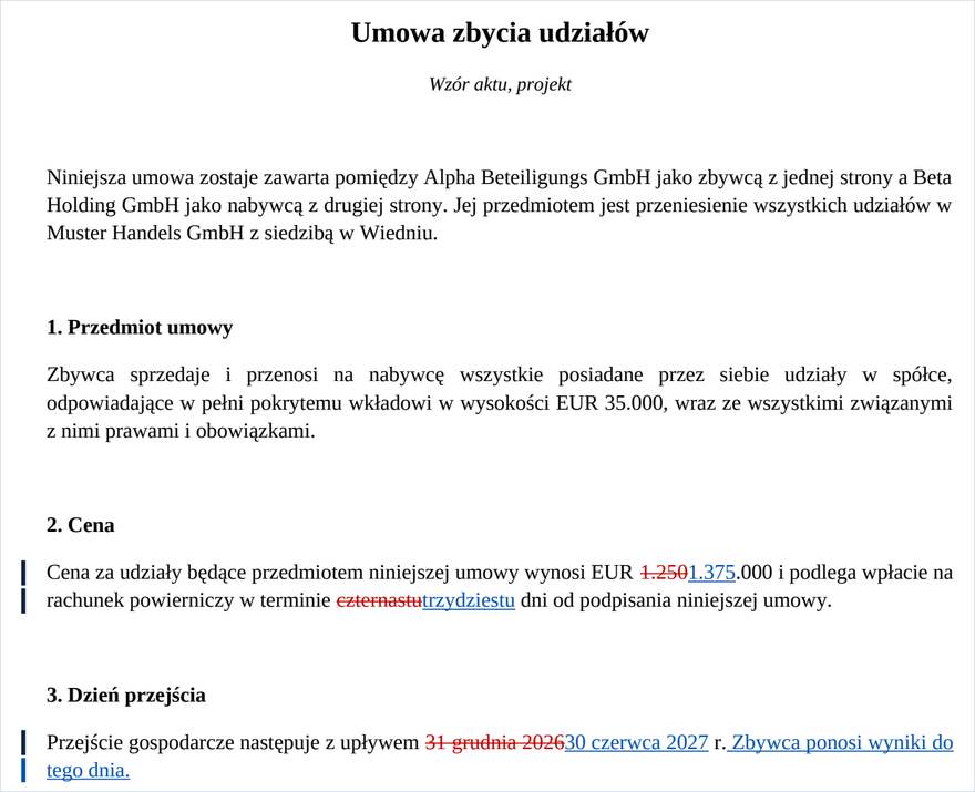 PDF redline z wstawieniami podkreślonymi na niebiesko i usunięciami przekreślonymi na czerwono.
