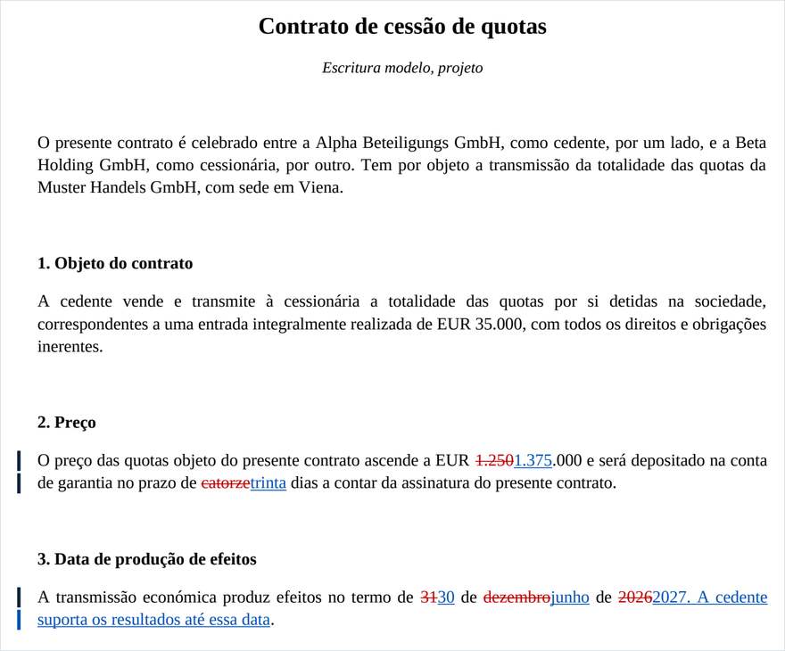 O PDF redline com inserções sublinhadas a azul e eliminações riscadas a vermelho.