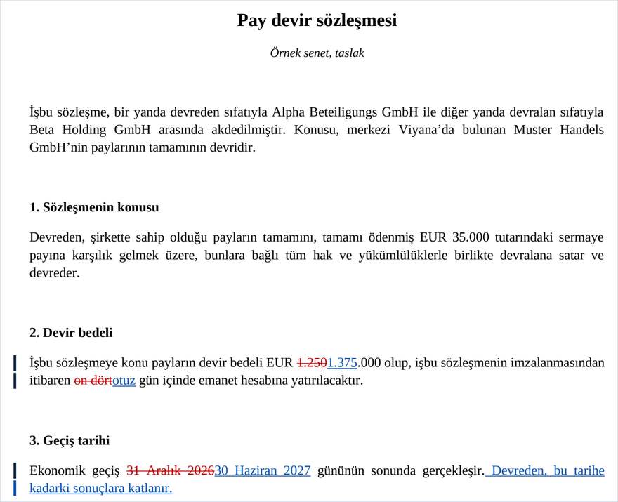 Eklemelerin mavi altı çizili, silmelerin kırmızı üstü çizili olduğu redline PDF.