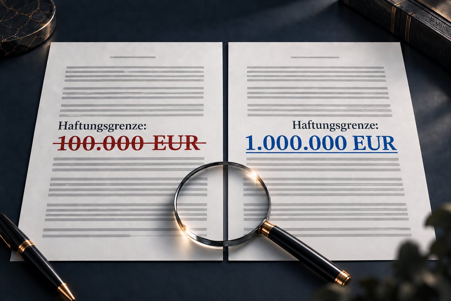 Zwei Fassungen eines Vertrages nebeneinander: die Haftungsgrenze ist von 100.000 auf 1.000.000 Euro geändert.