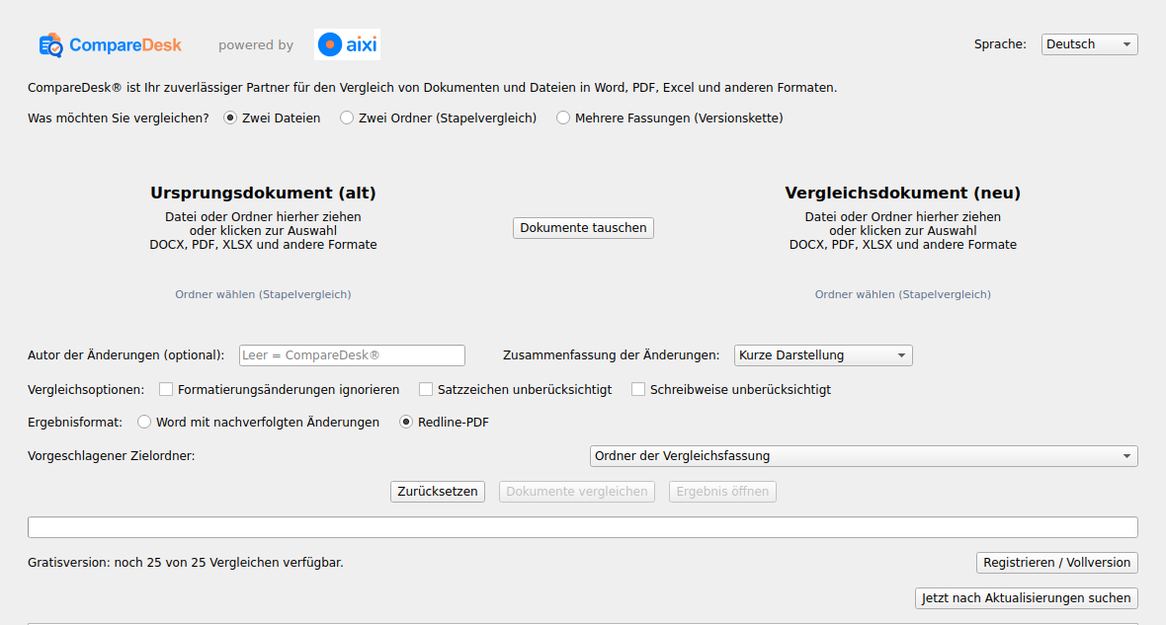 Das Fenster von CompareDesk mit der Wahl der Betriebsart, den beiden Ablagefeldern, den Vergleichsoptionen und der Ausgabewahl.