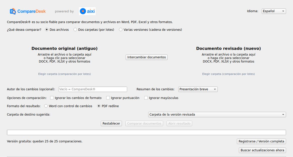 La ventana de CompareDesk con la elección del modo, los dos campos de colocación, las opciones de comparación y la elección de la salida.