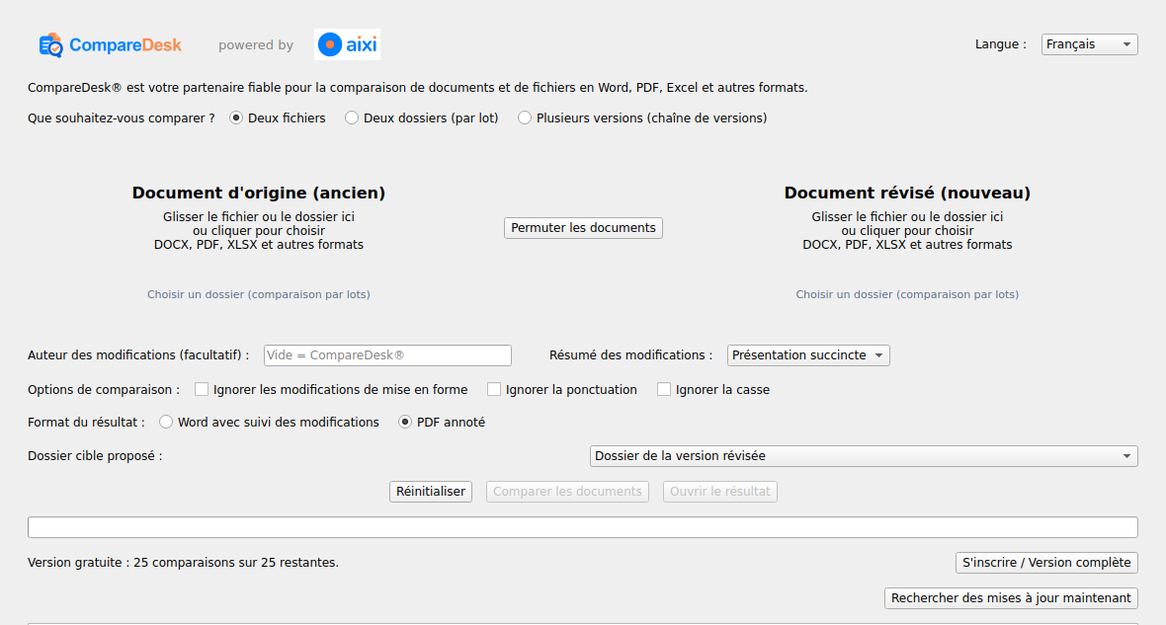 La fenêtre de CompareDesk avec le choix du mode, les deux champs de dépôt, les options de comparaison et le choix de la sortie.