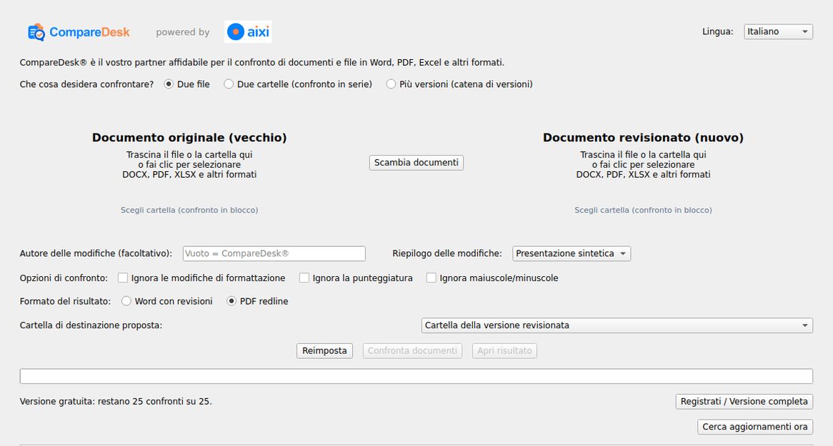 La finestra di CompareDesk con la scelta della modalità, i due campi di rilascio, le opzioni di confronto e la scelta dell’uscita.