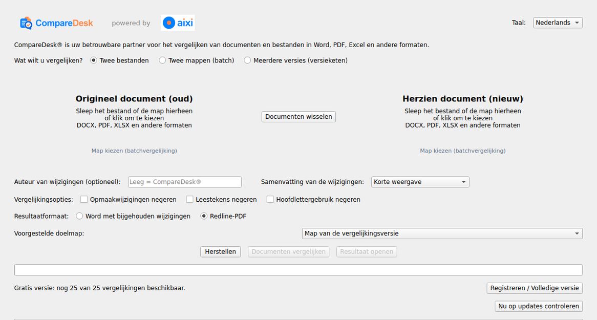 Het venster van CompareDesk met de keuze van de werkwijze, de twee neerzetvelden, de vergelijkingsopties en de uitvoerkeuze.