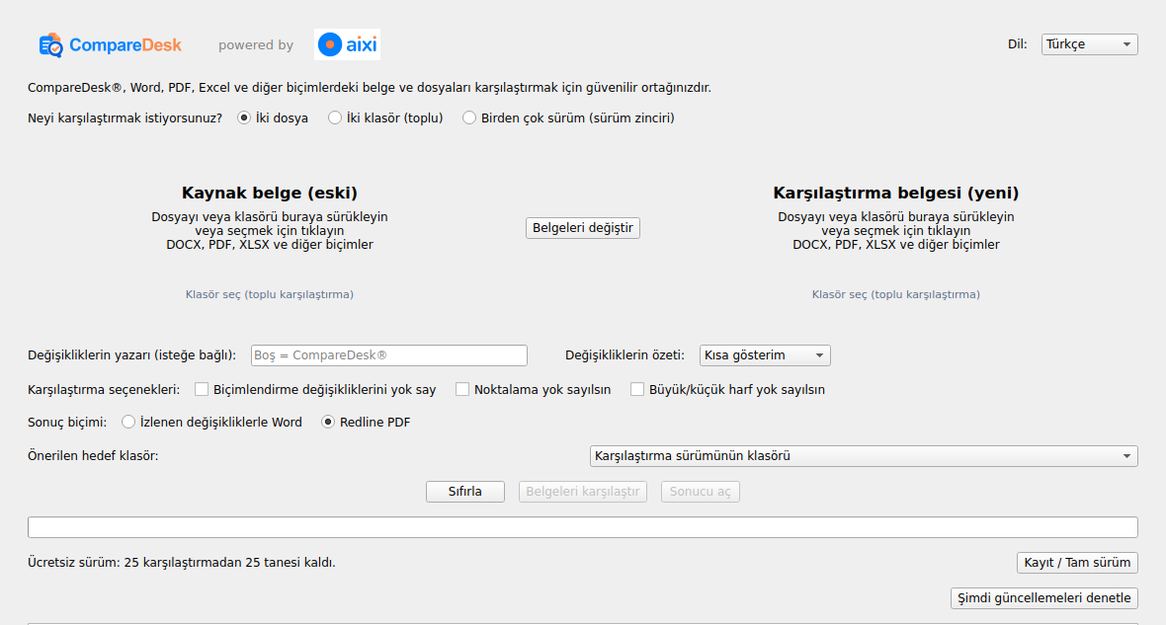 CompareDesk penceresi: çalışma türü seçimi, iki bırakma alanı, karşılaştırma seçenekleri ve çıktı seçimi.
